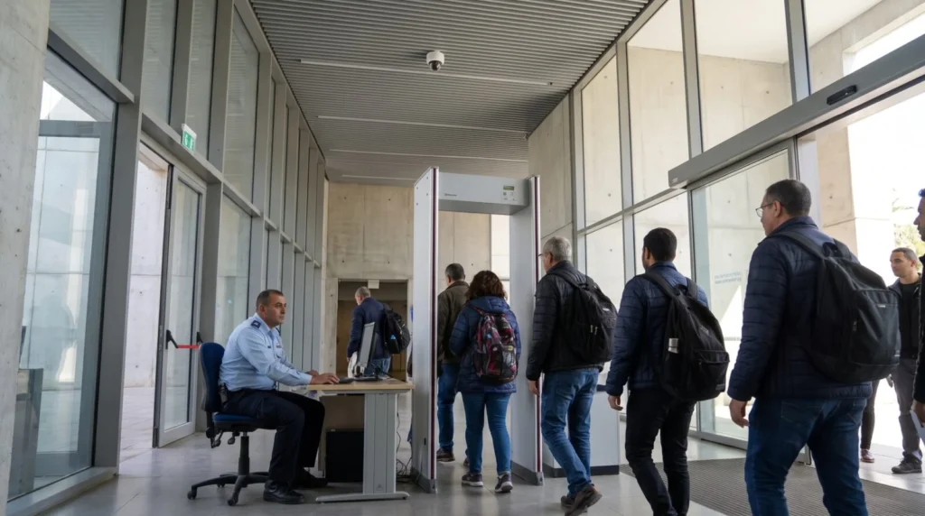 Security checkpoint with a metal detector and guard desk as people enter a building