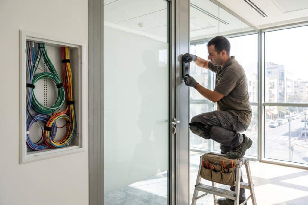 Technician installing an access control panel and wiring during a system installation