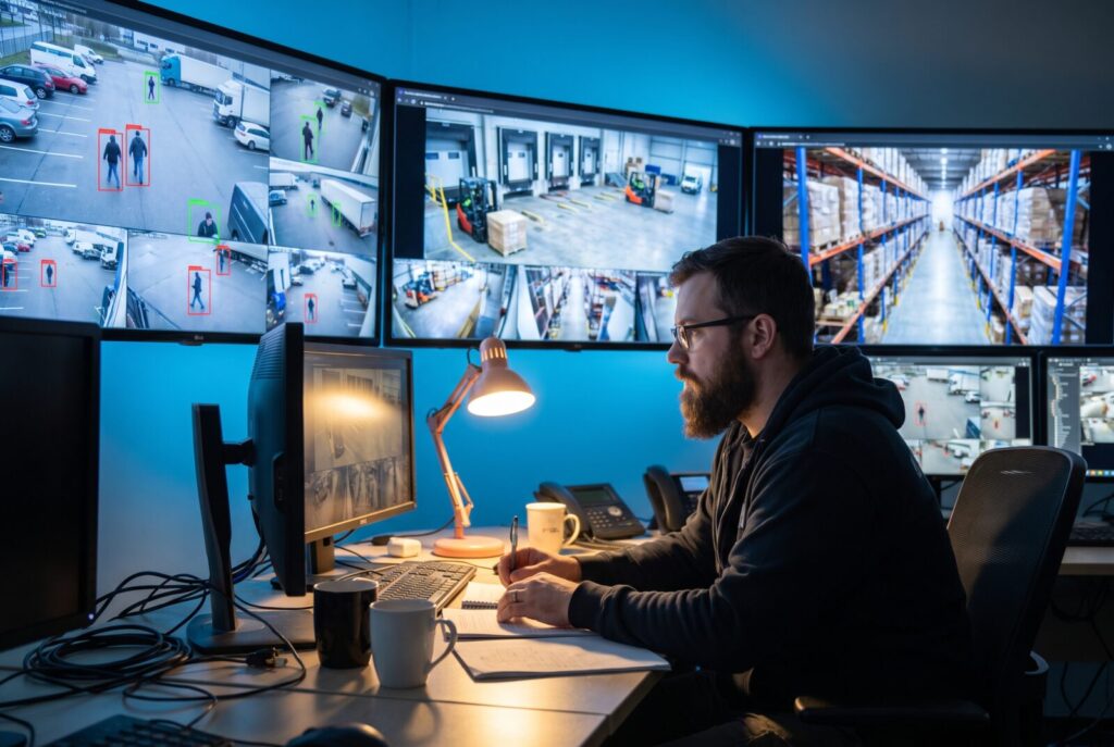 Security analyst watching AI cameras flag people and vehicles on live feeds from a parking lot and warehouse