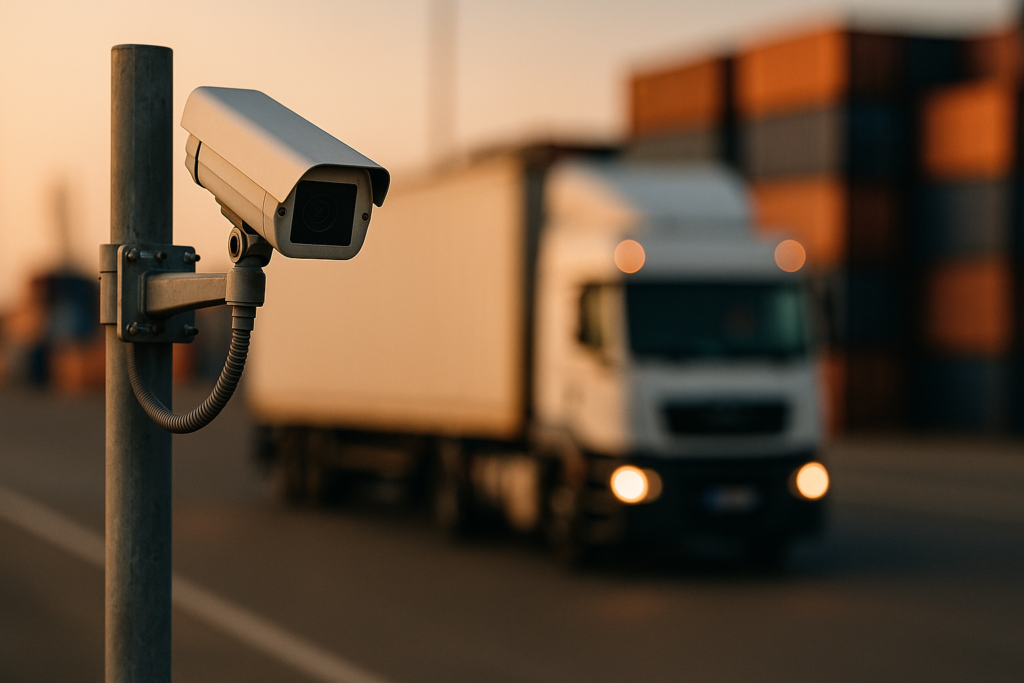 ANPR camera capturing a truck license plate at a port cargo gate for automatic number plate recognition