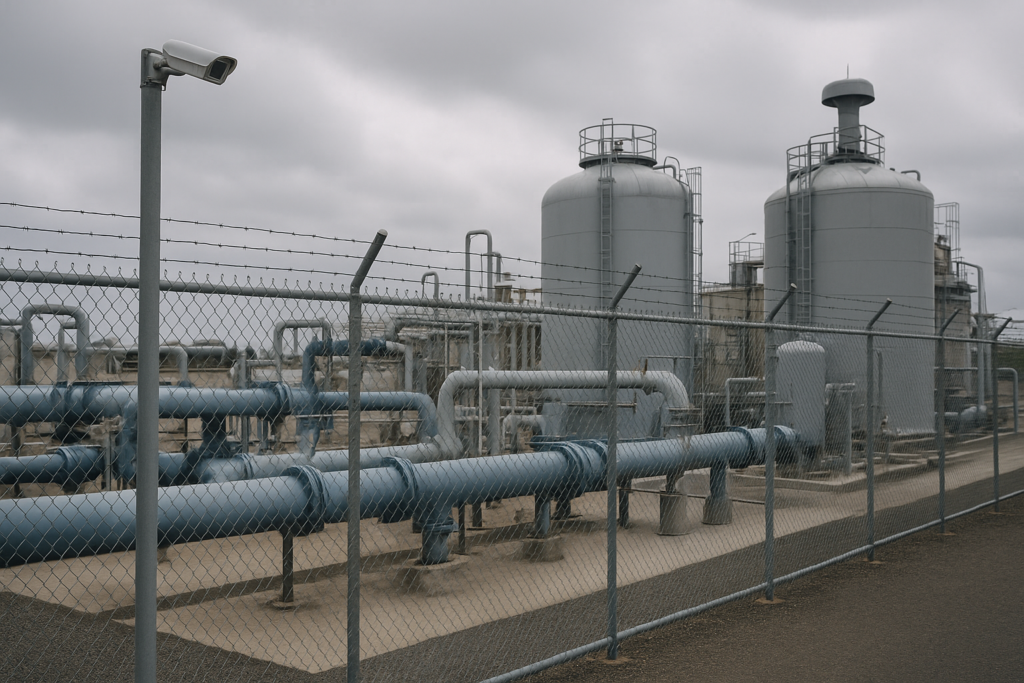 Security camera guarding a critical infrastructure water treatment facility perimeter fence