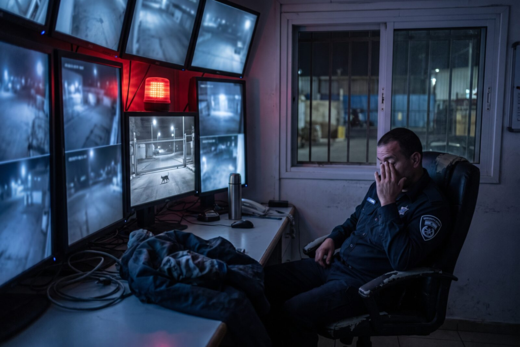 Security control room operator monitoring camera feeds to reduce false alarm rate at night