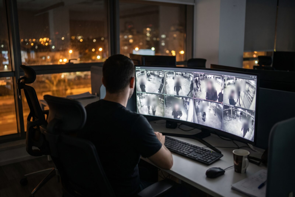 Security analyst applying video redaction to blur a face on a video review timeline for privacy compliance