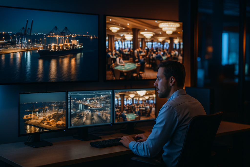 Security operations center analyst reviewing multi-camera AI video analytics feeds from port and casino sites