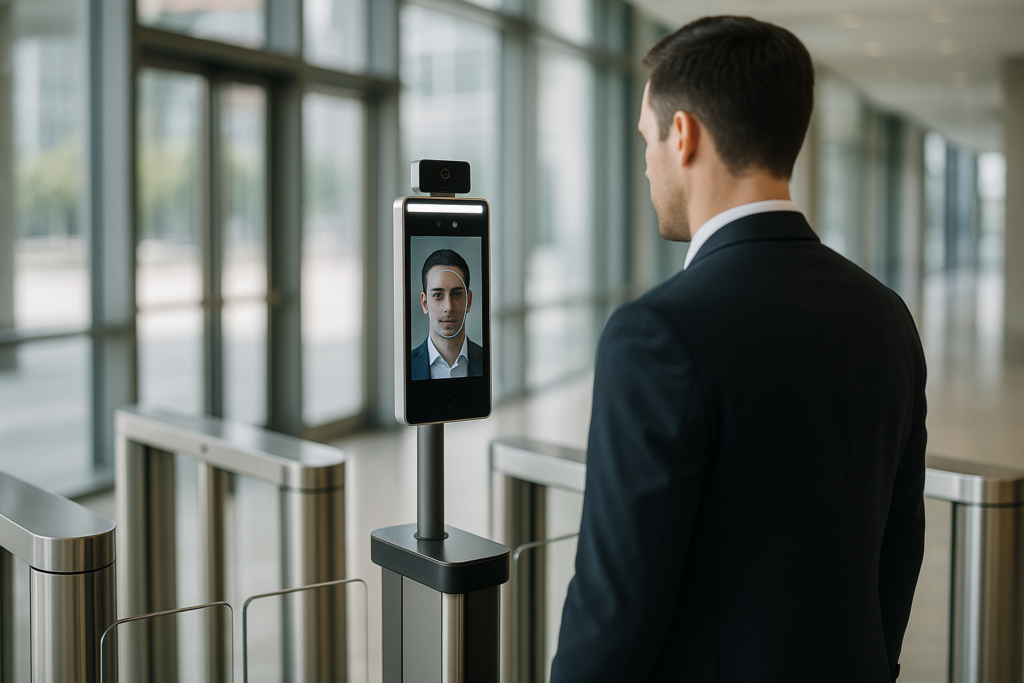 Facial recognition camera at a corporate lobby turnstile used for biometric access control