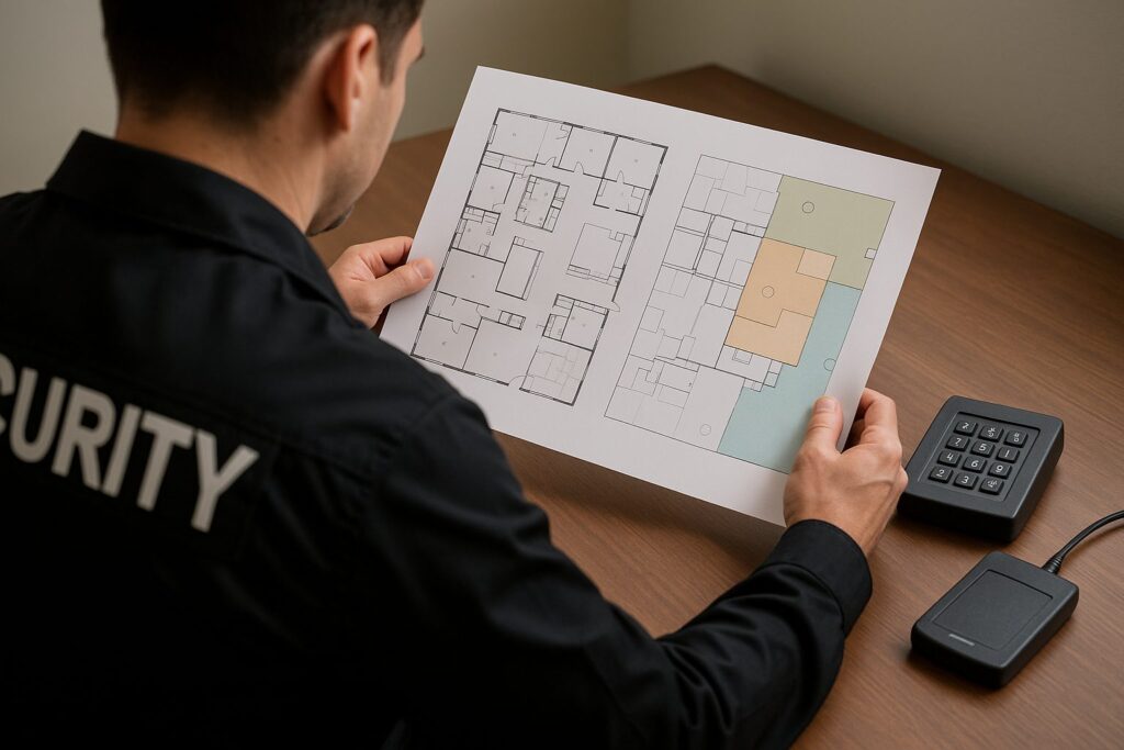 Security team reviewing a building access control system floor plan and zoning map