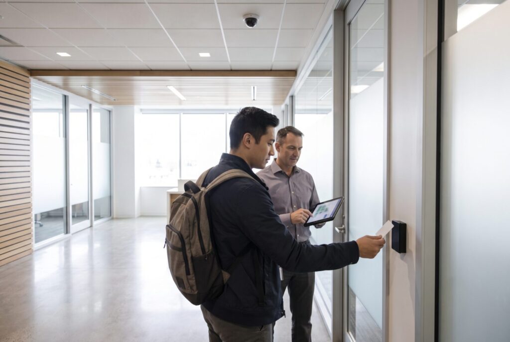 Employee badging in at an office door reader while a manager checks a cloud based access control dashboard on a tablet