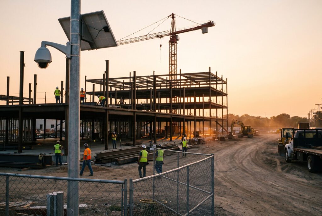 Construction site monitoring camera on a solar pole overlooking a steel frame building, tower crane and crew in PPE