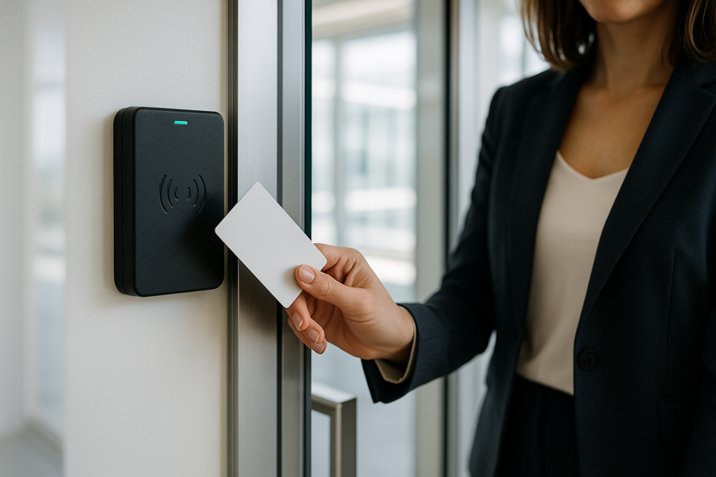 Door access control system: reader, controller, and electric lock at an office door