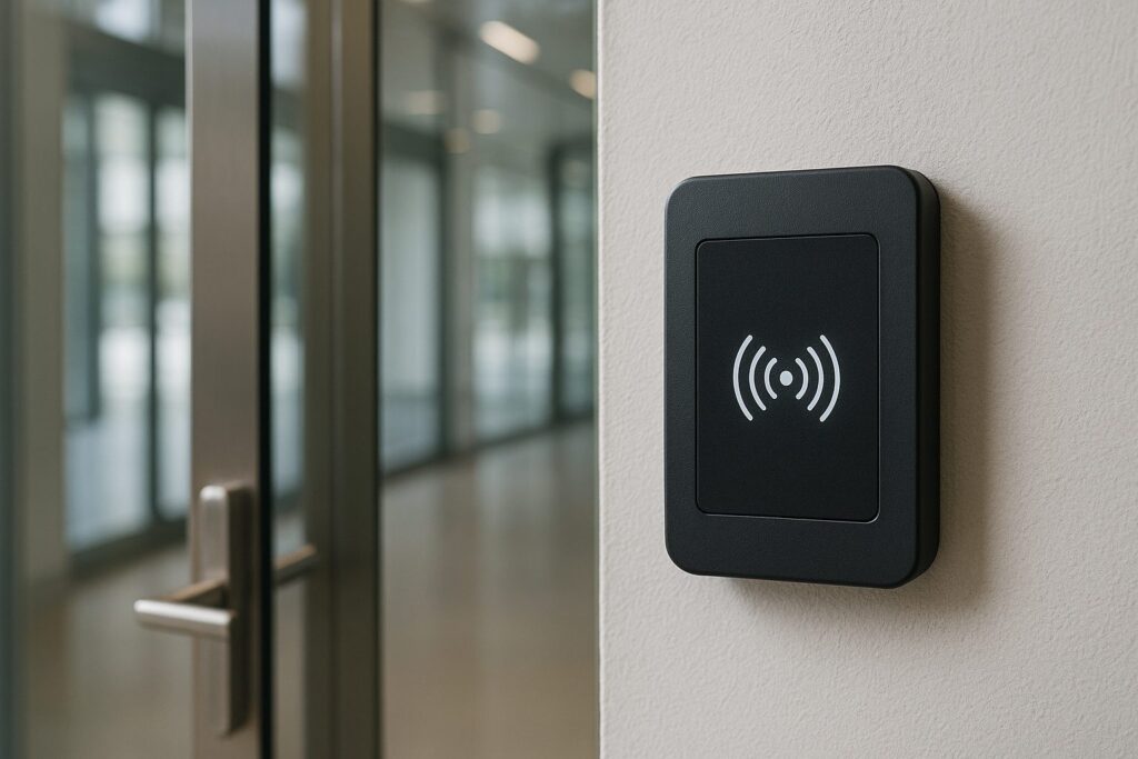 Key card entry system reader mounted beside a modern office door