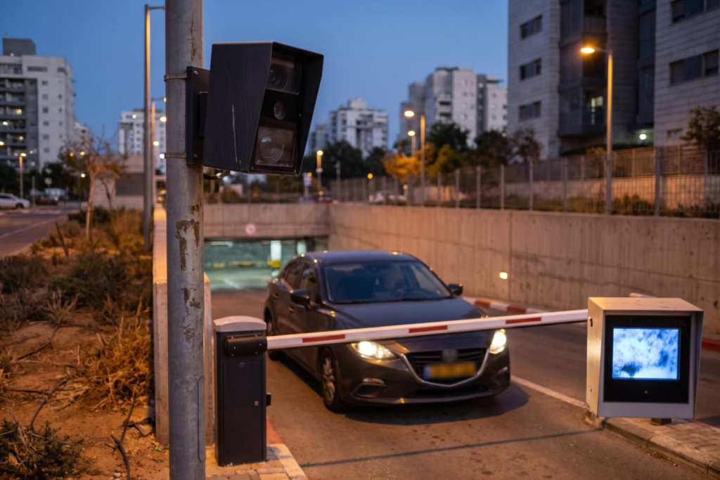 Dedicated license plate recognition camera with infrared illuminator mounted at a gated entrance
