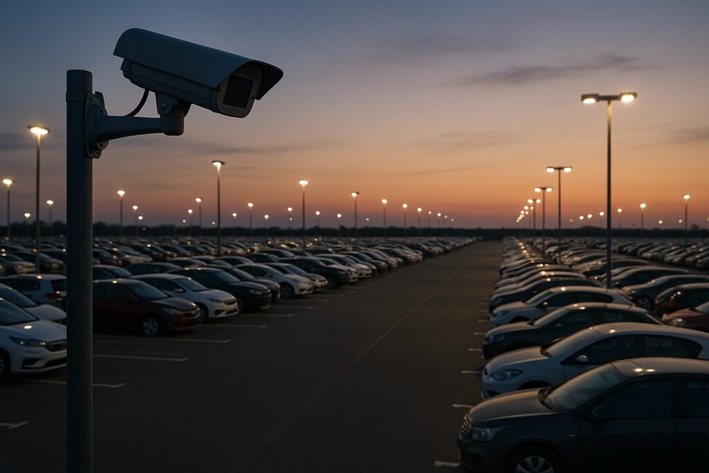 Parking lot surveillance camera overlooking rows of parked cars at dusk with limited lighting