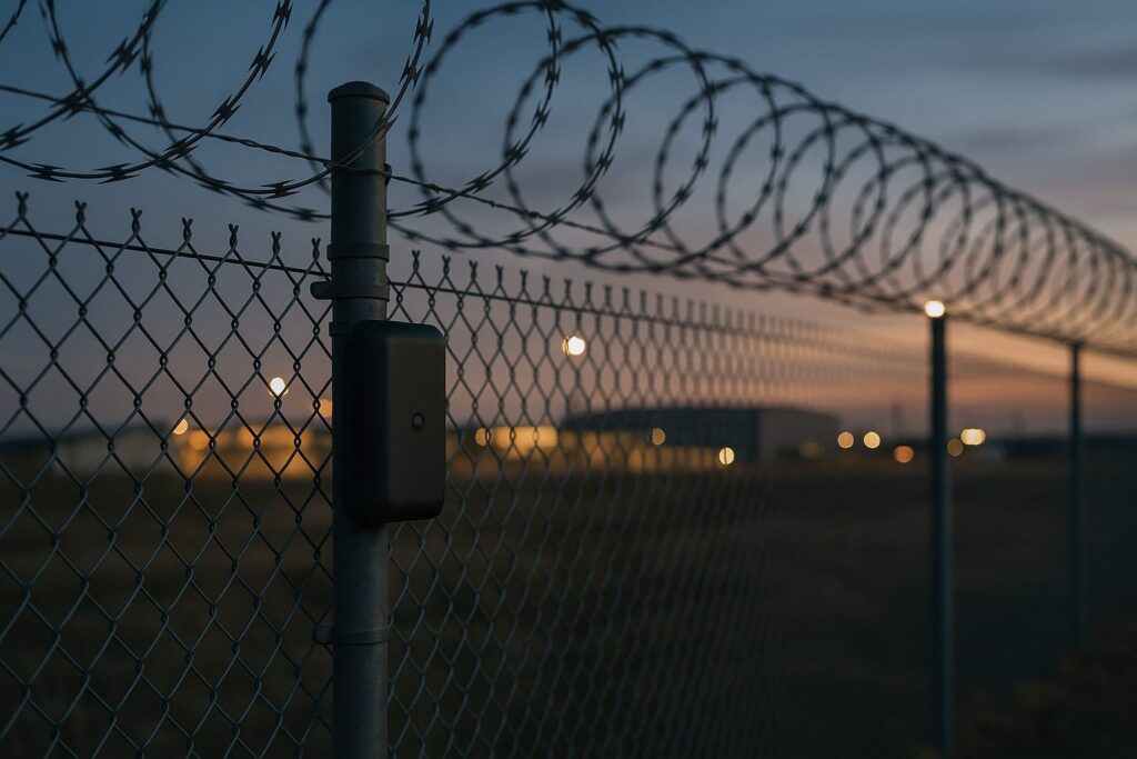 Perimeter intrusion detection sensor mounted on a security fence at dusk