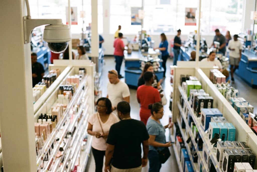 Retail security cameras: a ceiling dome camera watching cosmetics and electronics aisles near the checkouts