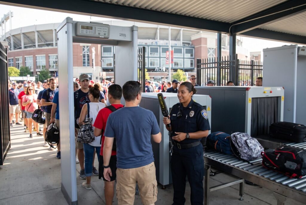 Weapons detection systems at a US sports arena entrance with walk-through scanners and a dome security camera