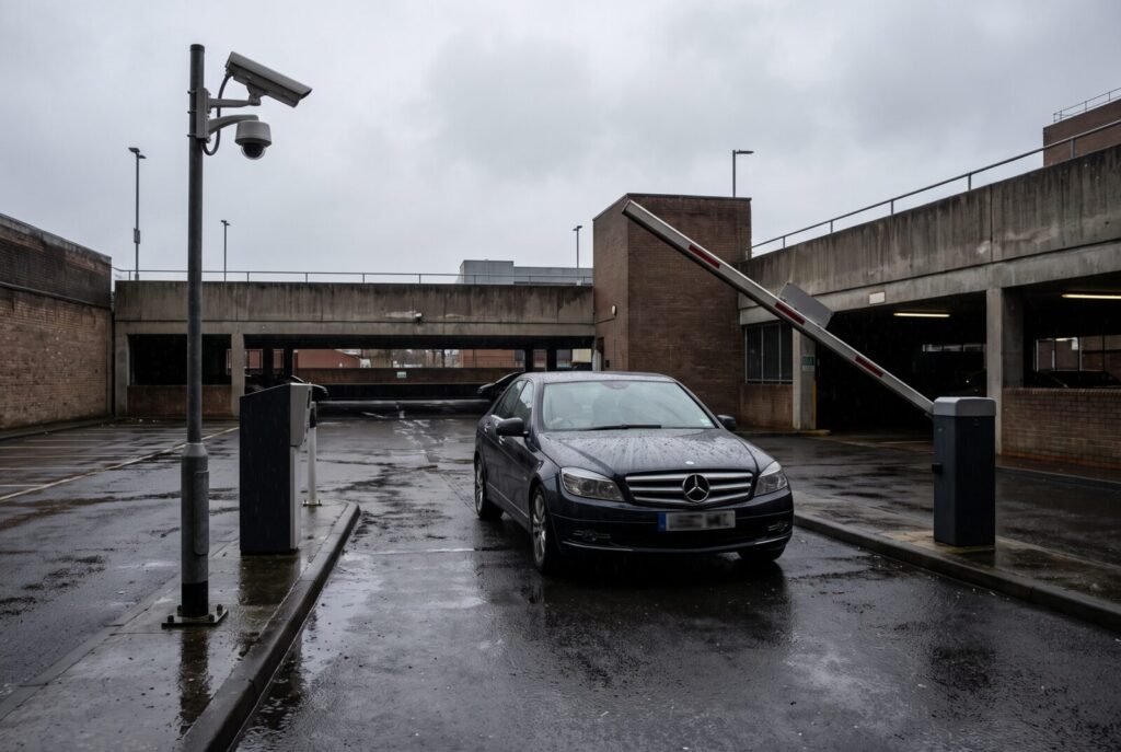 Car approaching a car park barrier with an ANPR parking camera beside the lane