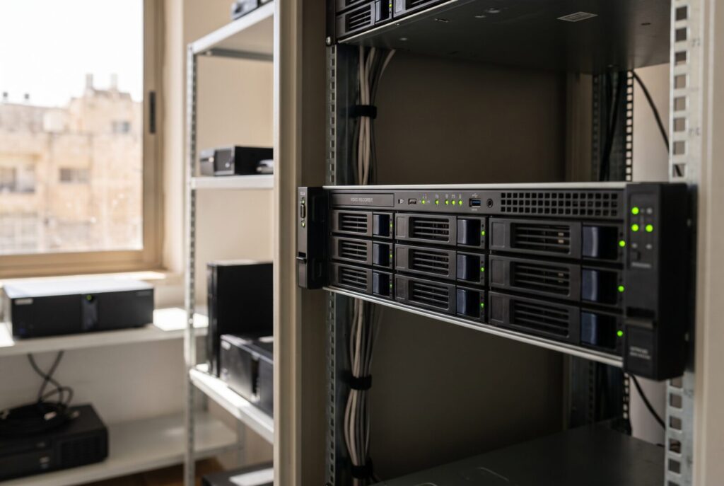 Rack-mounted video recorder with drive bays used to explain what is bitrate in video surveillance