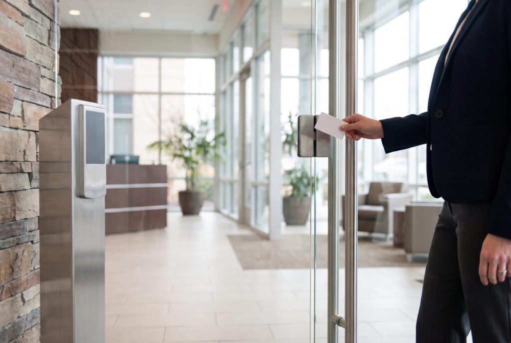 Employee holding a badge to a card reader at a commercial access control system entrance