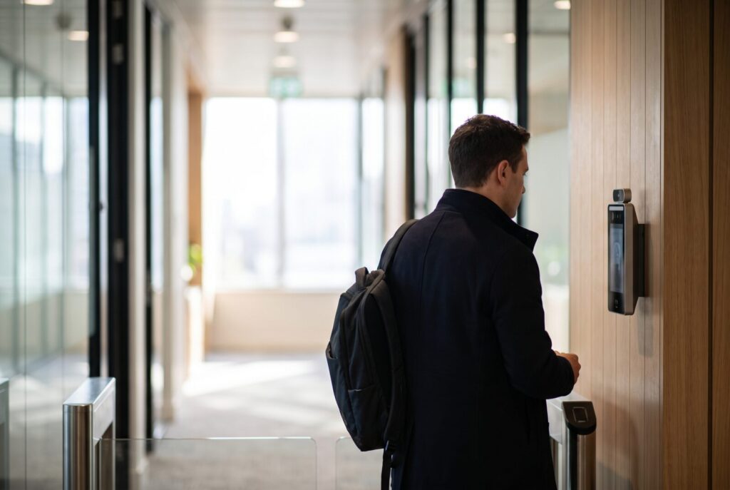 Person at a secured entrance with a camera terminal showing how facial recognition works