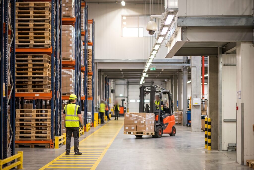Warehouse worker in a high-visibility vest beside a marked pedestrian lane as a forklift carries a pallet