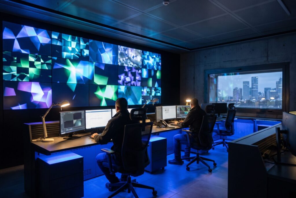 Operators at consoles in a GSOC global security operations center with a video wall