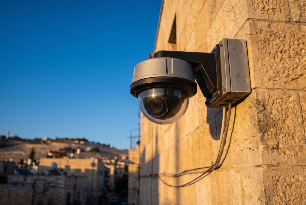 Outdoor dome security camera on a building wall illustrating H.265 vs H.264 codec choice