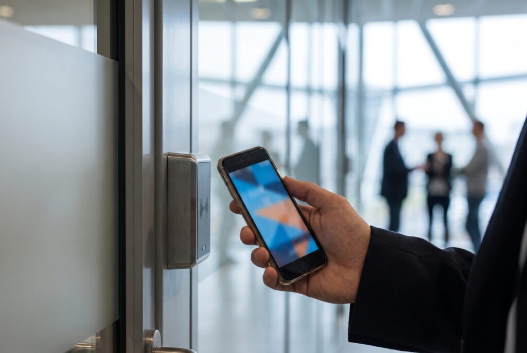 Smartphone held near a door reader to show mobile access control