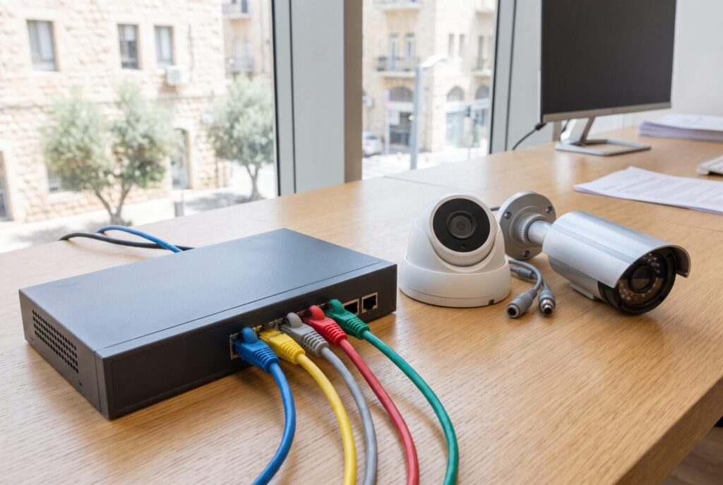 Network switch with ethernet cables beside two IP security cameras showing RTSP vs ONVIF integration