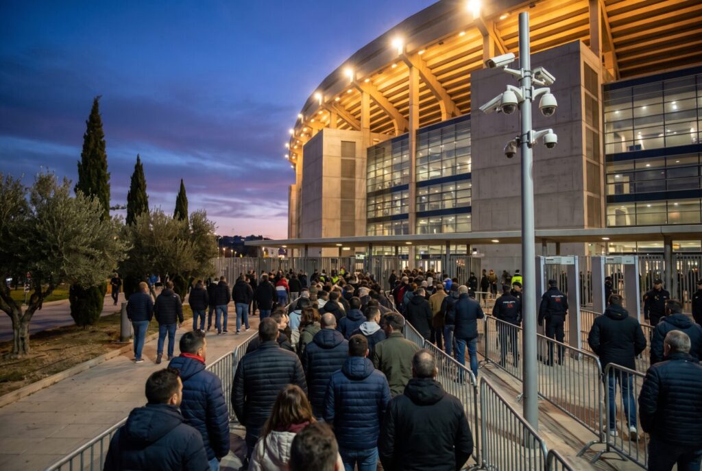 Fans queuing at stadium security screening lanes under pole-mounted security cameras at dusk