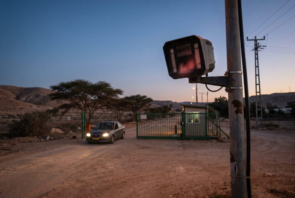 License plate recognition camera mounted beside a gated vehicle entrance at dusk