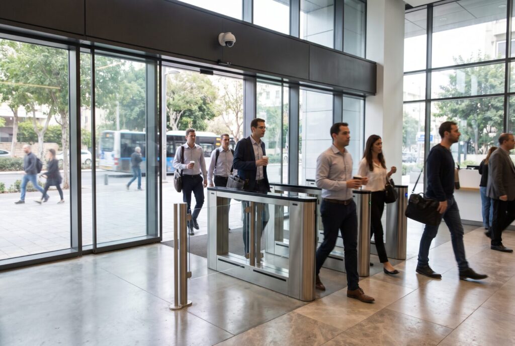Security camera above an office turnstile where employees pass through a facial recognition entrance