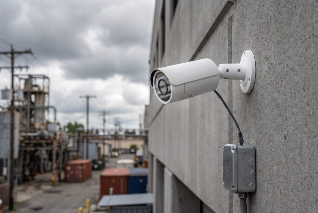 RTSP camera mounted on a building wall with network cable to a junction box