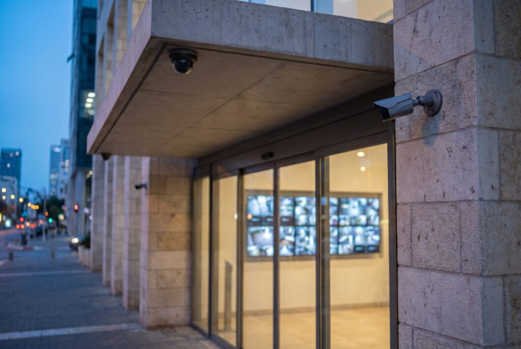 Dome and bullet CCTV cameras on a commercial building entrance with a security monitor wall inside