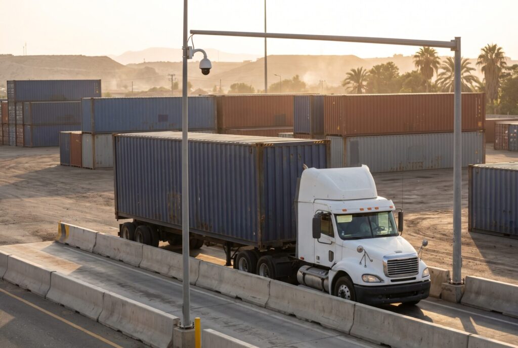 Truck carrying a container approaching a terminal gate lane with a security camera